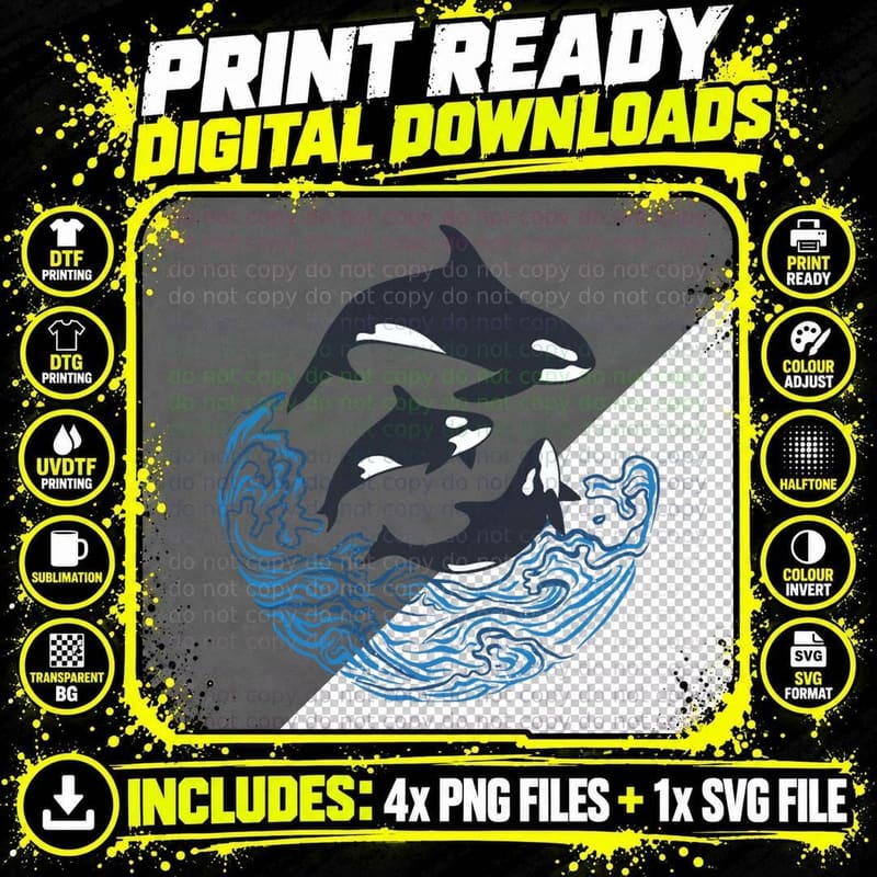 Funny Orca Killer Whales Bouquet, Orca Family Png SVG Digital Bundle