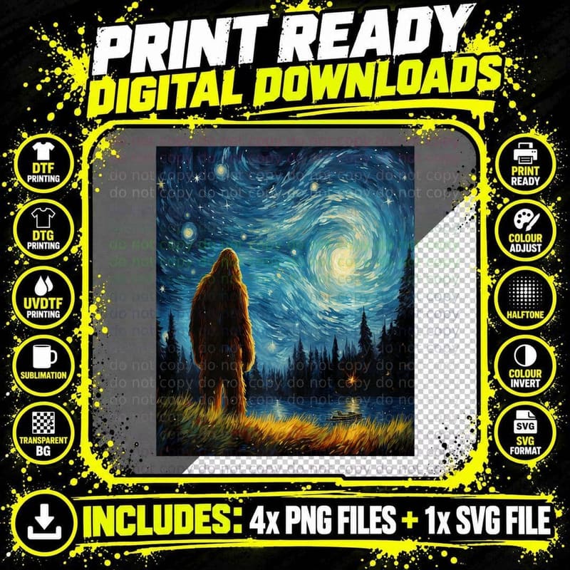 Funny Painting Bigfoot Lover Starry Night Bigfoot Van Png SVG Digital Bundle