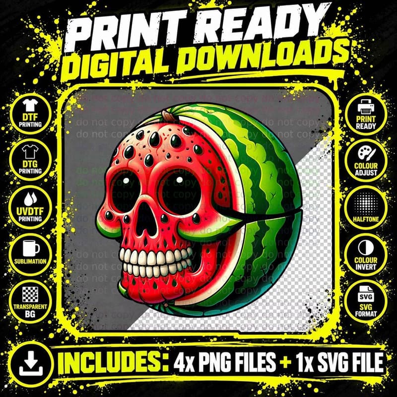 Funny Watermelon Skull Summer Tropical Fruit Lovers Png SVG Digital Bundle