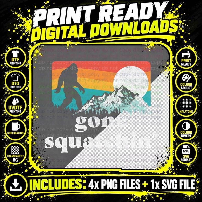 Gone Squatchin'! Funny Bigfoot Mountains Retro Graphic Png SVG Digital Bundle