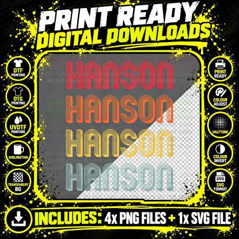 Hanson Surname Funny Retro Vintage 80s Birthday Reunion Png SVG Digital Bundle