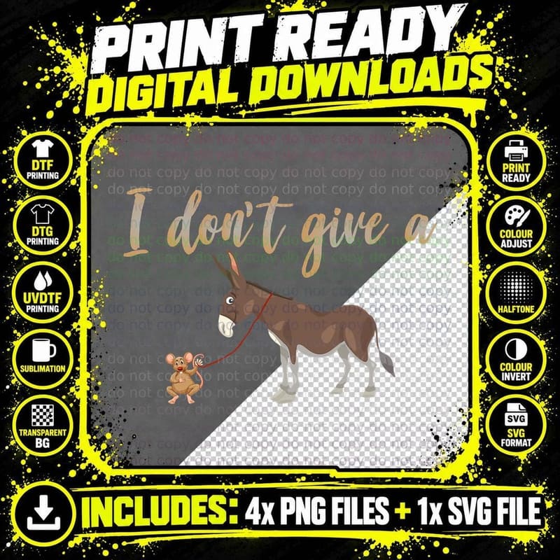 I Don't Give a Rats Ass Funny Donkey Mule on a Leash Png SVG Digital Bundle