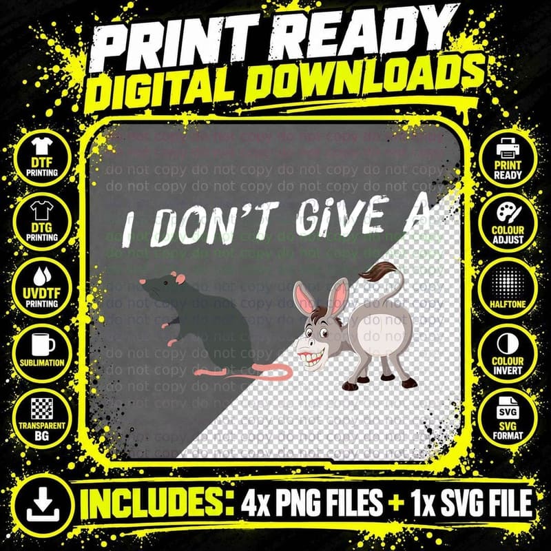 I Don't Give a Rats Ass Funny Novelty Mouse and Donkey Png SVG Digital Bundle
