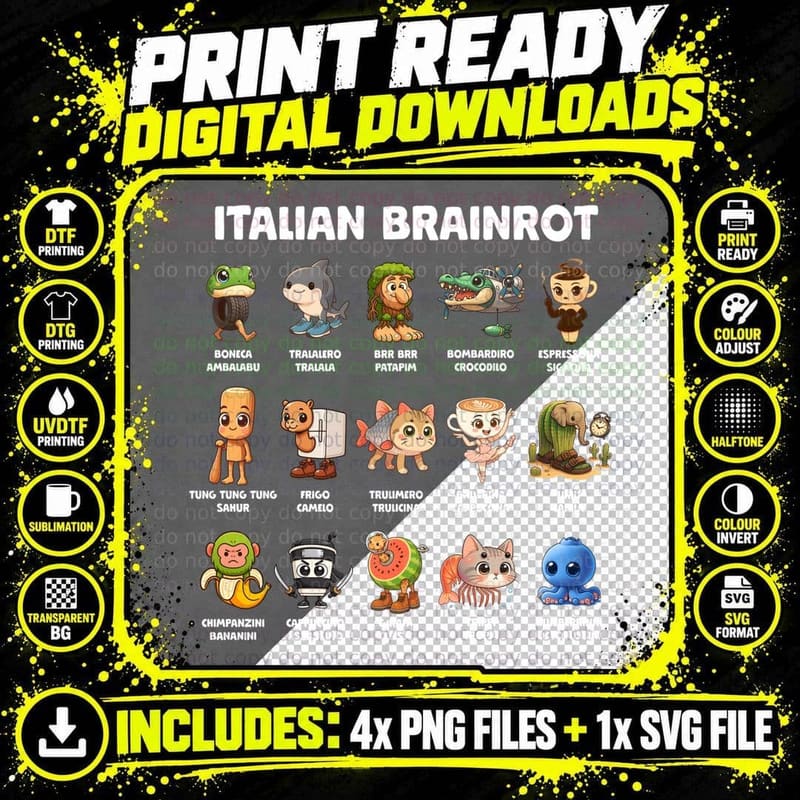 Italian Brainrot Characters T-Shirt Png SVG Digital Bundle