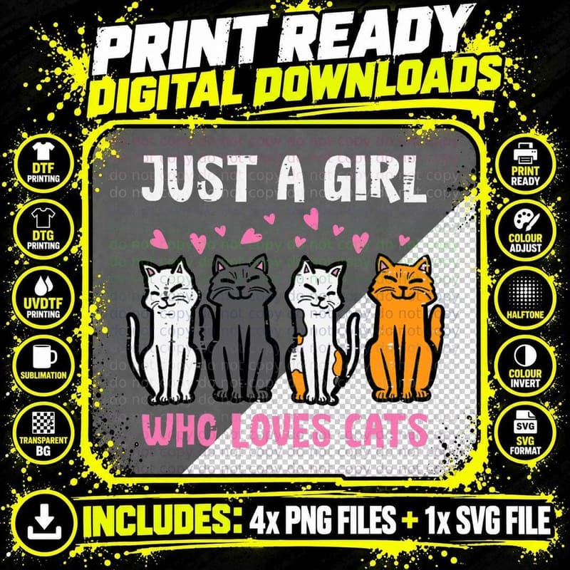 Just Girl Who Loves Cats Funny Women Girls Kids Teens Png SVG Digital Bundle