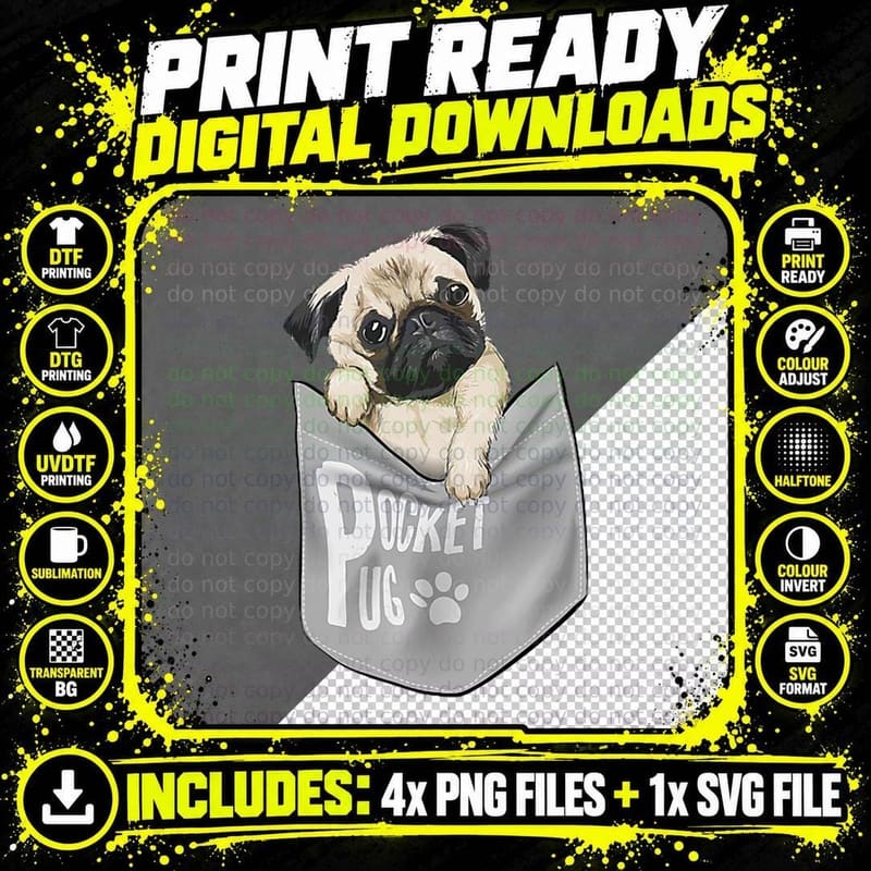 Men's Kids Funny Cool Pocket Pug Pets Graphic Design Png SVG Digital Bundle