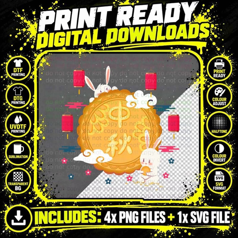 Mooncake Chinese New Year Mid Autumn Festival Rabbits Png SVG Digital Bundle