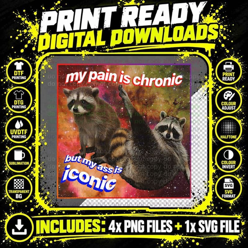 My Pain Is Chronic but My Ass Is Iconic Raccoon Opossum Png SVG Digital Bundle