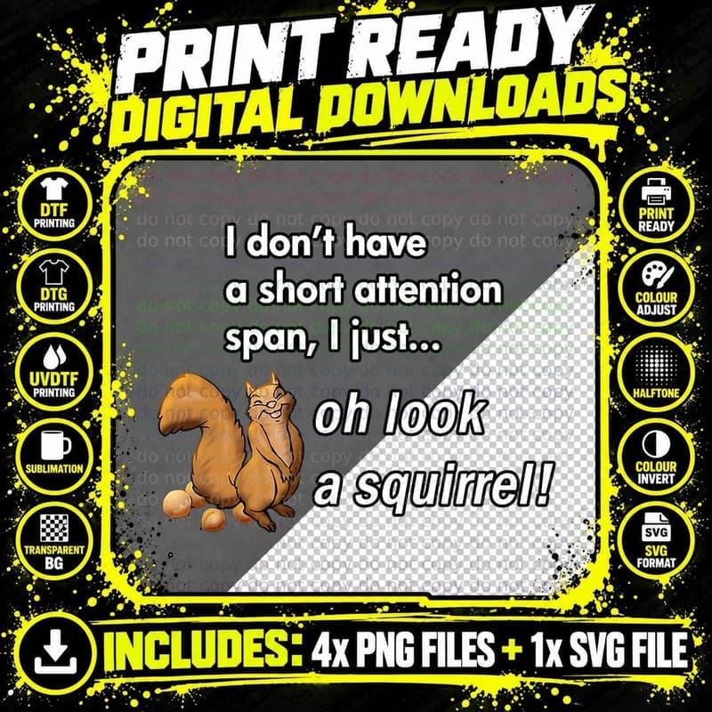 Oh Look a Squirrel Funny ADHD Animal Humor Shirt T-Shirt Png SVG Digital Bundle