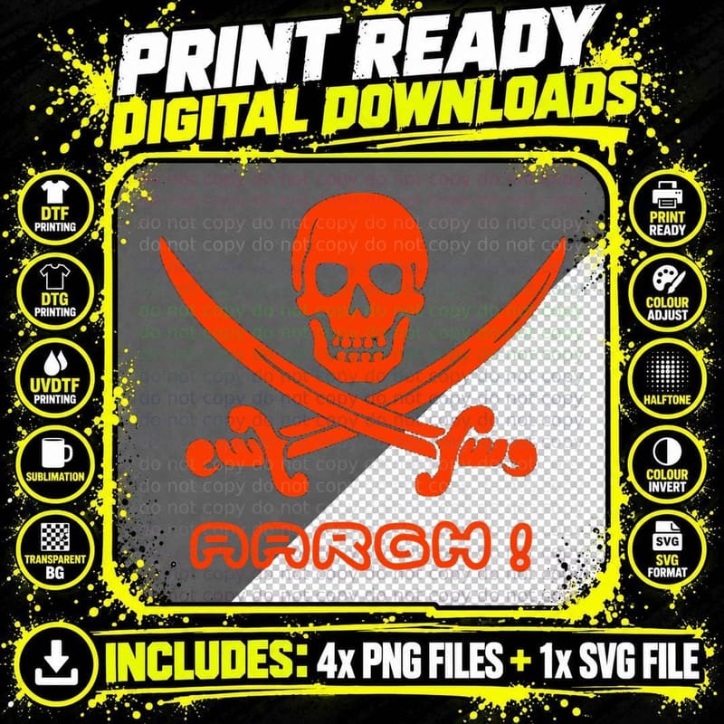 Pirate Skull Swords Aargh! Funny T-Shirt Gift Tee Shirt Png SVG Digital Bundle