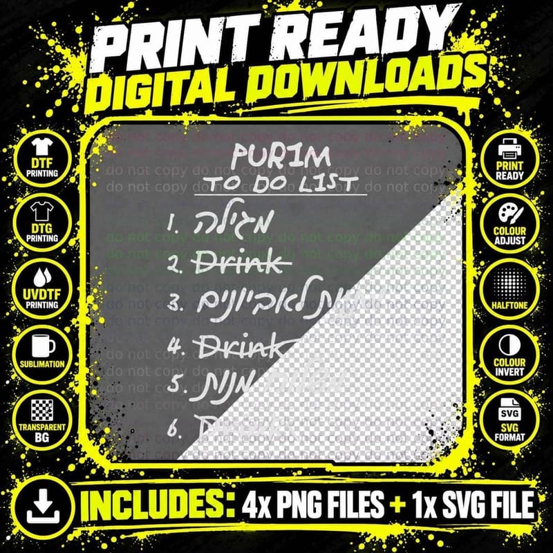 Purim to Do List Jewish Holiday Costume Funny Drinking Png SVG Digital Bundle