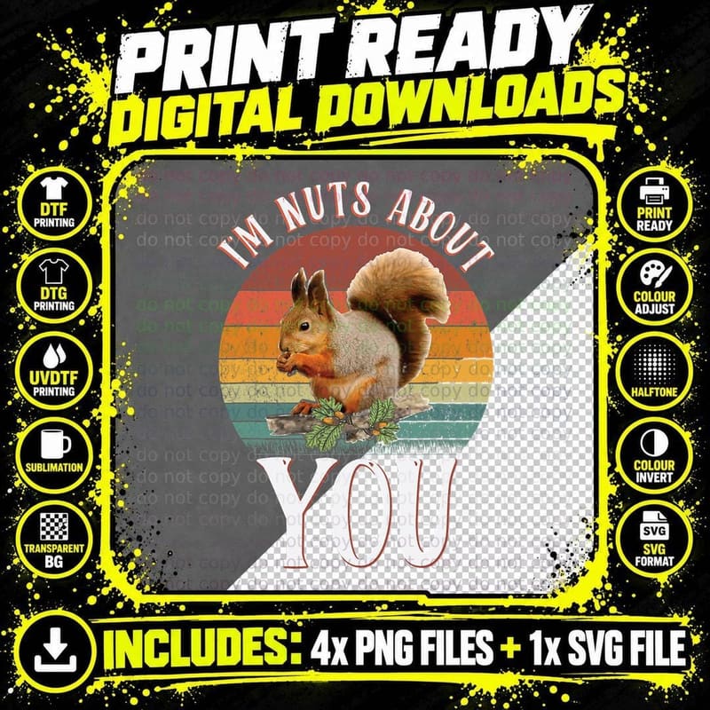 Retro Vintage Funny Red Squirrel I'm Nuts About You Png SVG Digital Bundle