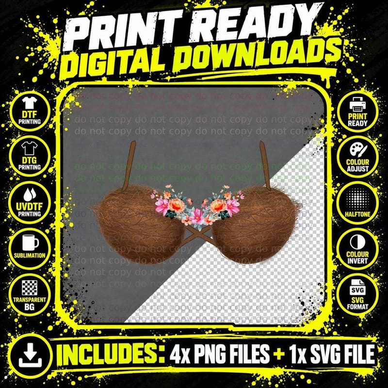 Summer Coconut Bra Hawaii Luau Flowery Costume Funny Png SVG Digital Bundle