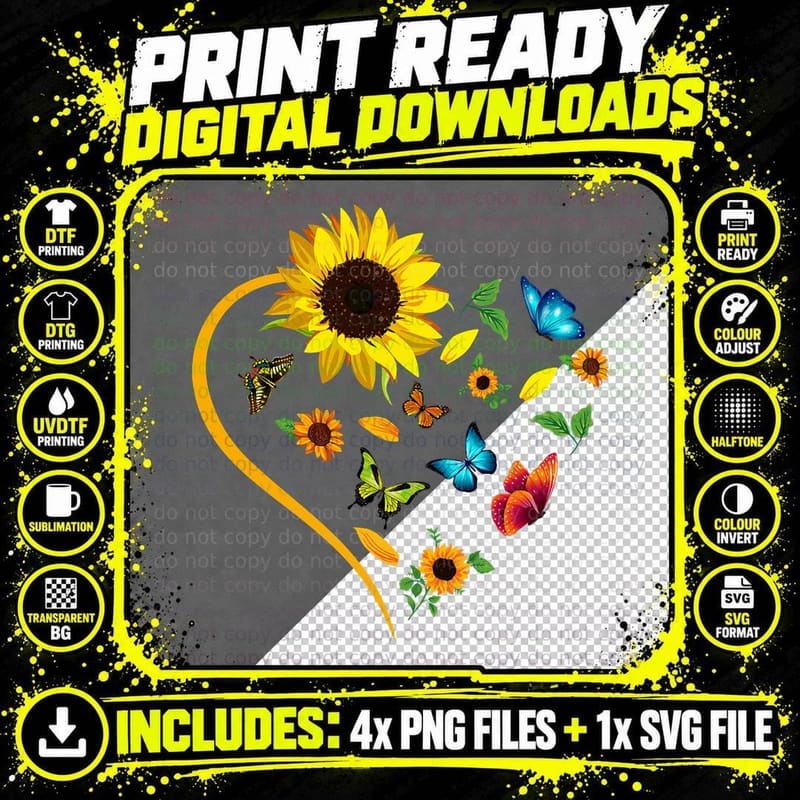 Sunflowers Butterflies Cute Heart Shape Funny Insect Png SVG Digital Bundle
