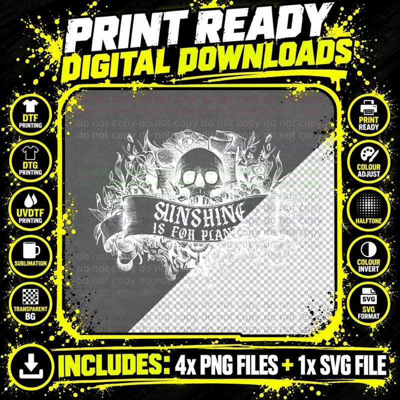Sunshine IS FOR Plants Skull Goth Gothic Style Funny Emo Png SVG Digital Bundle