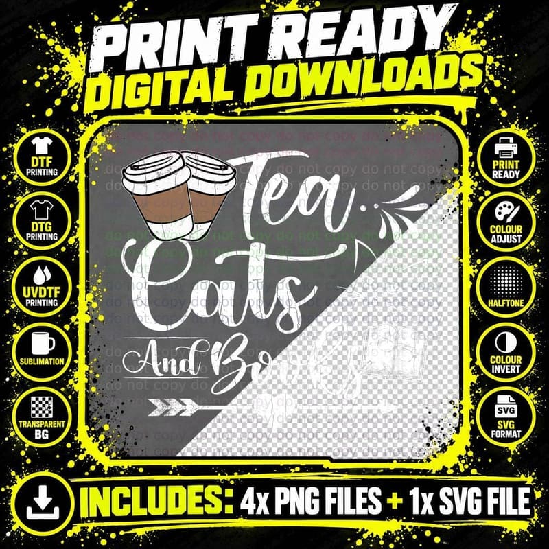 Tea Lovers Funny Tea Cats and Books Tea Drinkers Graphic Png SVG Digital Bundle
