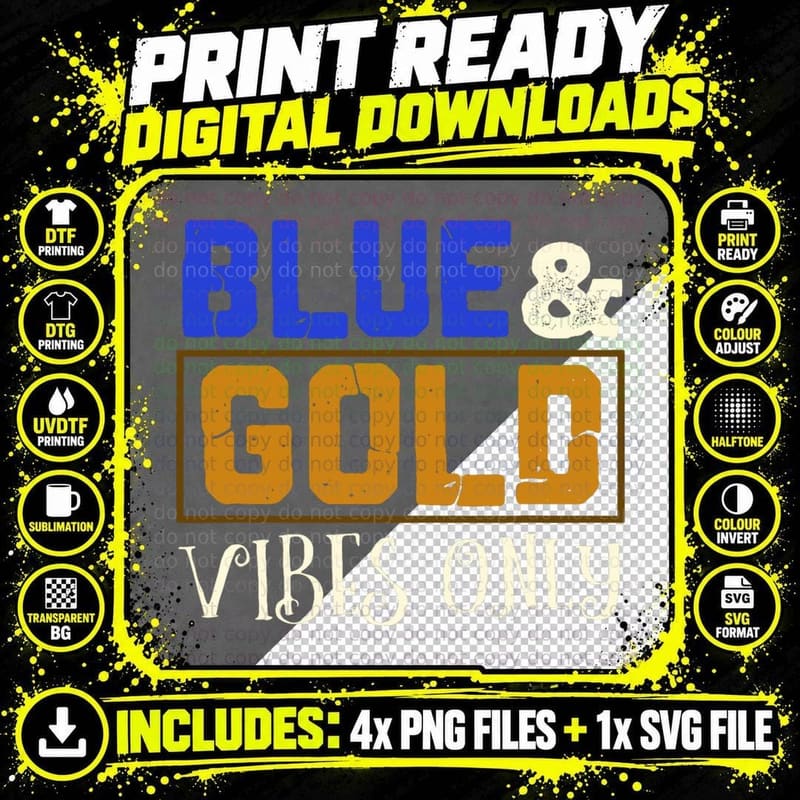 Team Blue and Gold Vibes Only Cheer Squad Funny Game Day Png SVG Digital Bundle