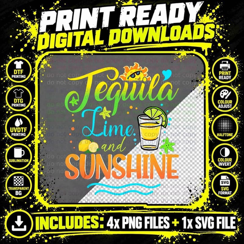 Tequila Lime and Sunshine Funny Hello Summer T-Shirt Png SVG Digital Bundle