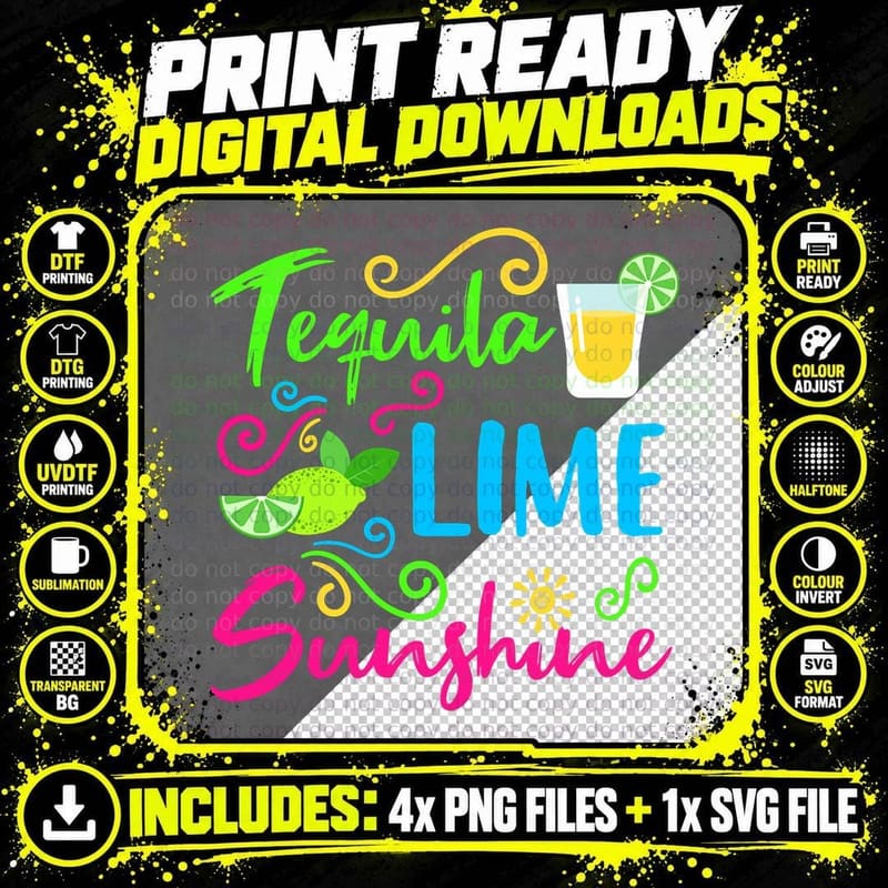 Tequila Lime and Sunshine Funny Summer T-Shirt Png SVG Digital Bundle
