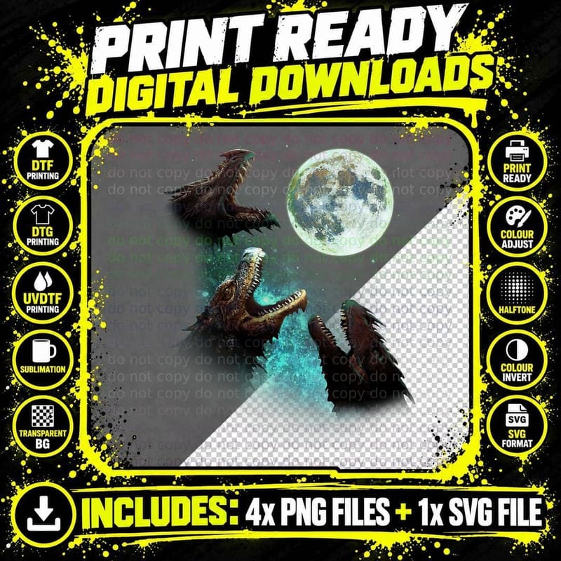 Three Dragons Howl at Moon 3 Wolfs Wolves Funny Parody Png SVG Digital Bundle