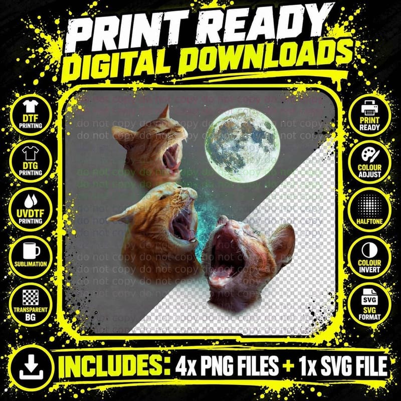 Three Orange Tabby Cats Howl at Moon 3 Wolfs - Funny Png SVG Digital Bundle