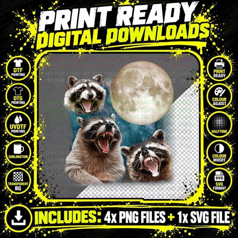 Three Raccoons Howl at Moon 3 Wolfs Funny Parody T-Shirt Png SVG Digital Bundle