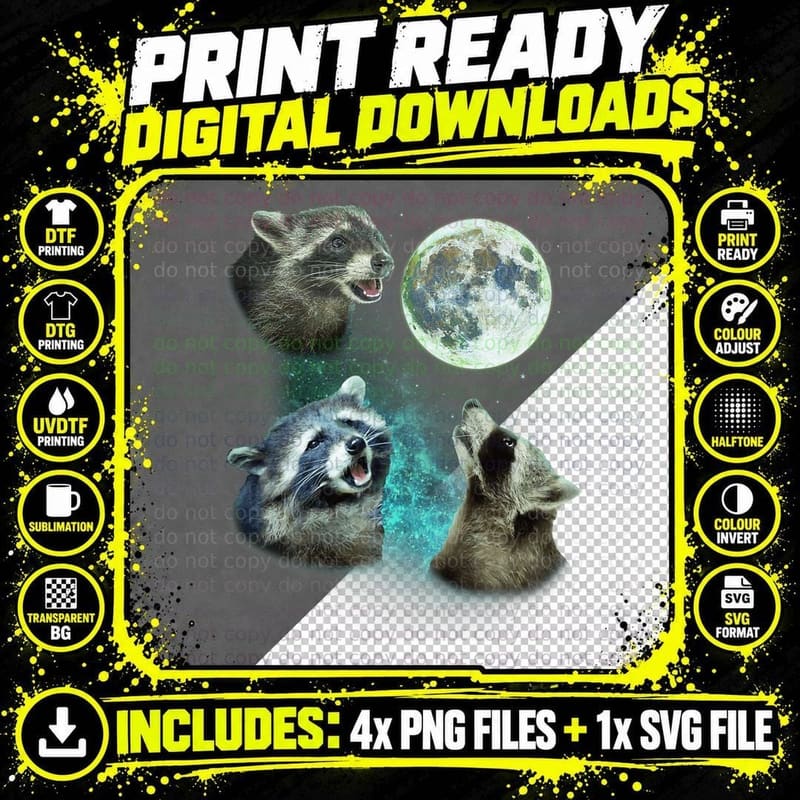 Three Racoons Howl at Moon 3 Wolfs - Funny Wolves Parody Png SVG Digital Bundle