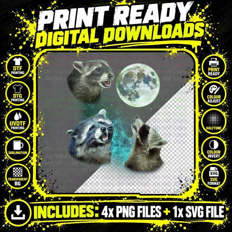 Three Racoons Howl at Moon 3 Wolfs - Funny Wolves Png SVG Digital Bundle