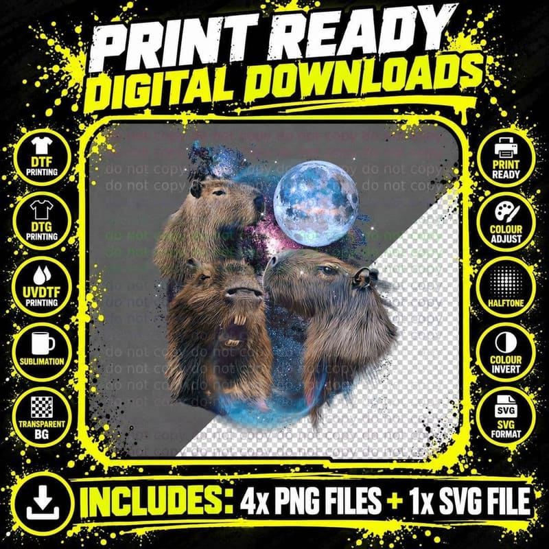 3 Moon Capybara Funny Capibara Rodent Animal Lover Humor Png SVG Digital Bundle