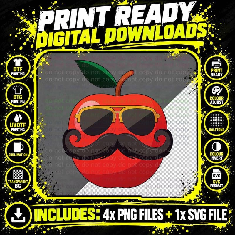 Apple Mustache Face Funny Cool Apple Fruit with Mustache Png SVG Digital Bundle