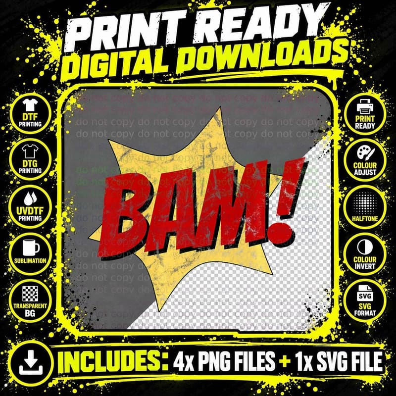Bam! Funny Comic Books Sound Retro Pop Art T-Shirt Png SVG Digital Bundle