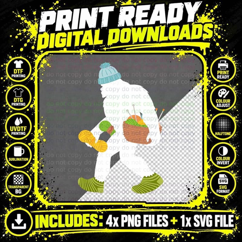 Bigfoot Knitting Lover Funny I'd Rather Be Knitting Png SVG Digital Bundle