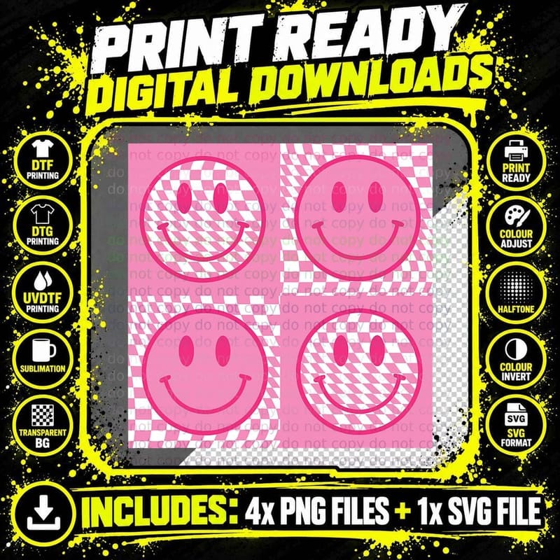 Checkered Pattern Smile Face Meme Pink Happy Face Png SVG Digital Bundle