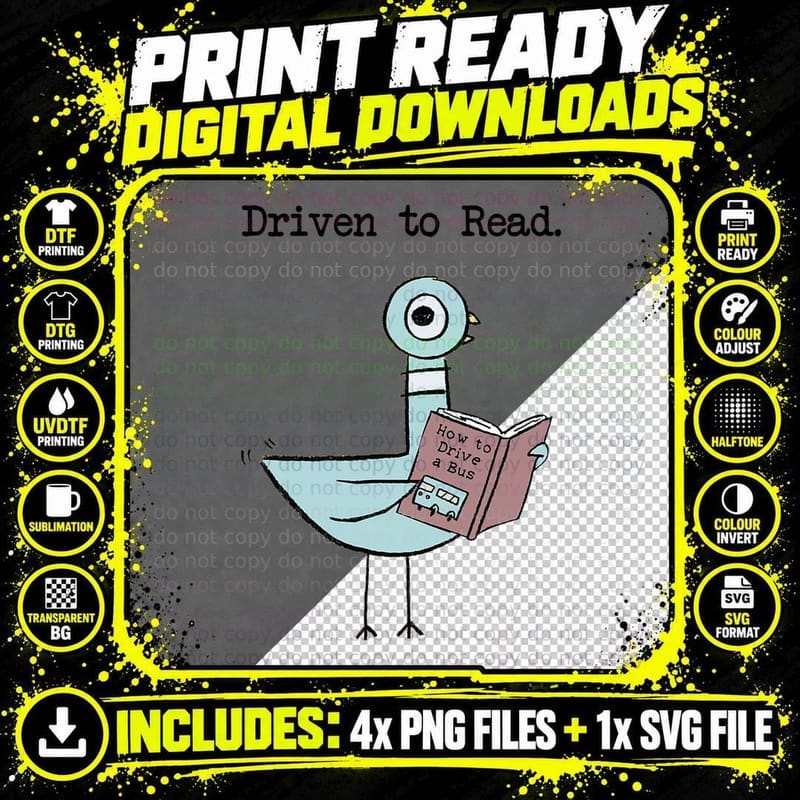 Driven to Read Pigeon Library Reading Books Reader Funny Png SVG Digital Bundle