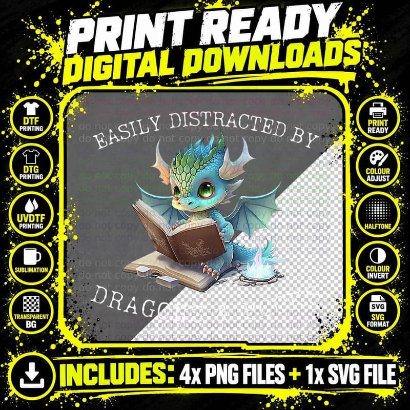 Easily Distracted by Dragons and Books Introvert Funny Png SVG Digital Bundle