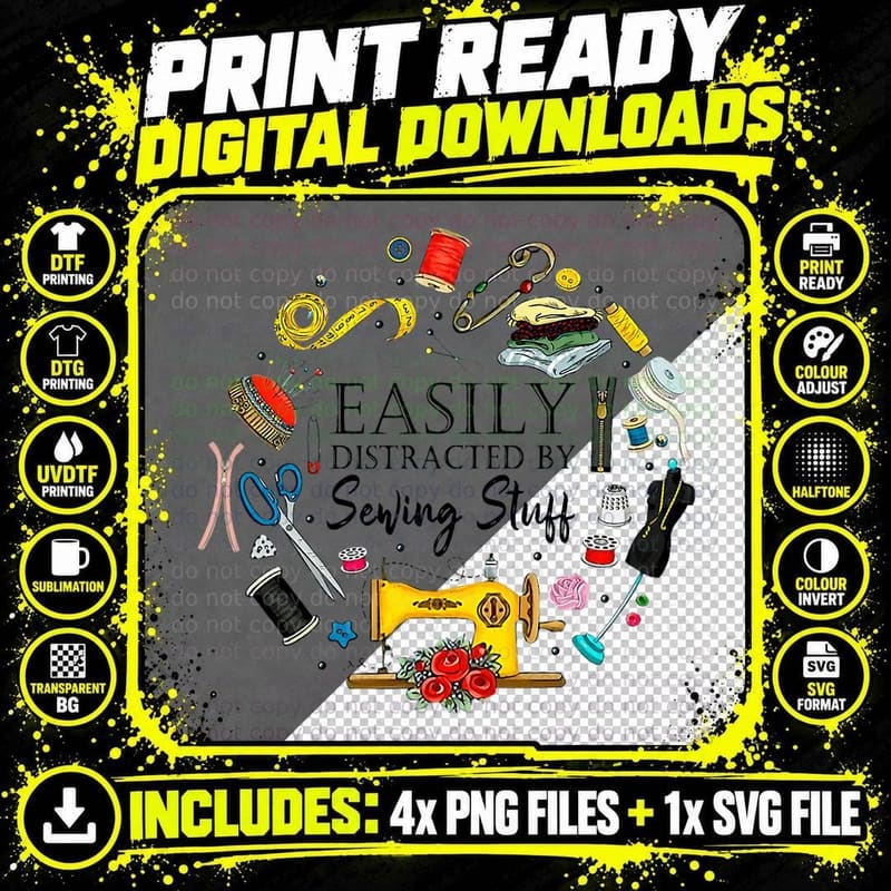 Easily Distracted by Sewing Stuff Funny Sewing T-Shirt Png SVG Digital Bundle