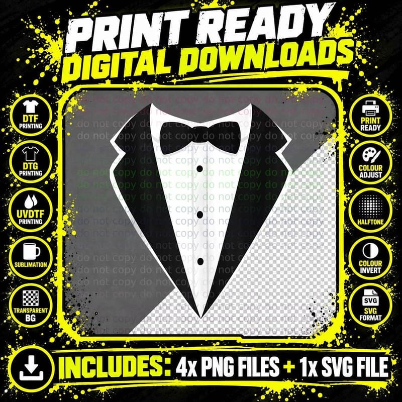 Fake Tux Funny Faux Suit Vest and Tie Tuxedo Prom Png SVG Digital Bundle