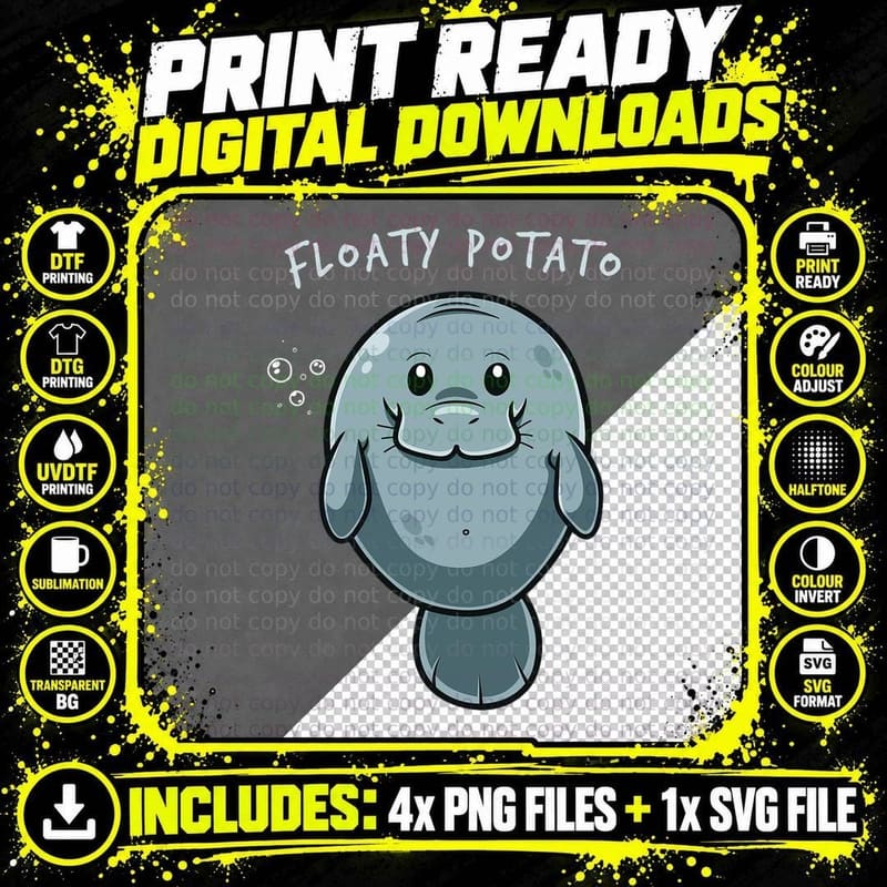 Floaty Potato Funny Manatee Sea Animal Manatees Potatoes Png SVG Digital Bundle