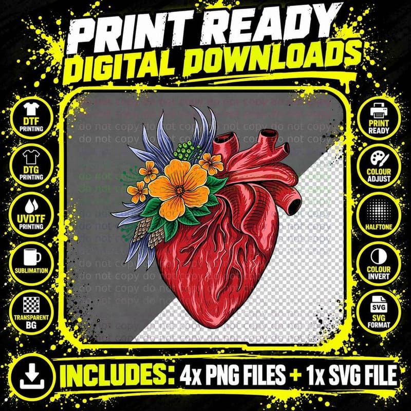 Funny Anatomical Heart and Flowers Human Heart Anatomy Png SVG Digital Bundle