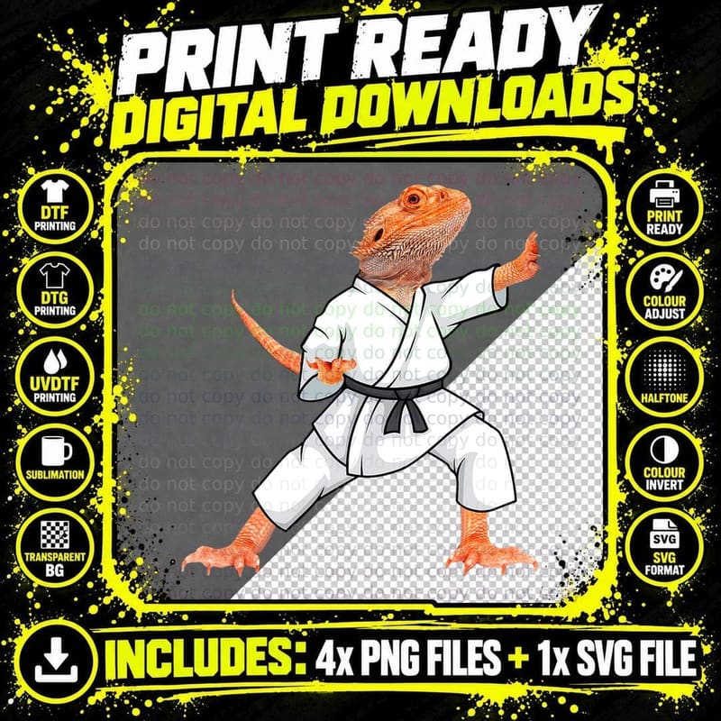 Funny Bearded Dragons Doing Karate Samurai Ninja Lizard Png SVG Digital Bundle