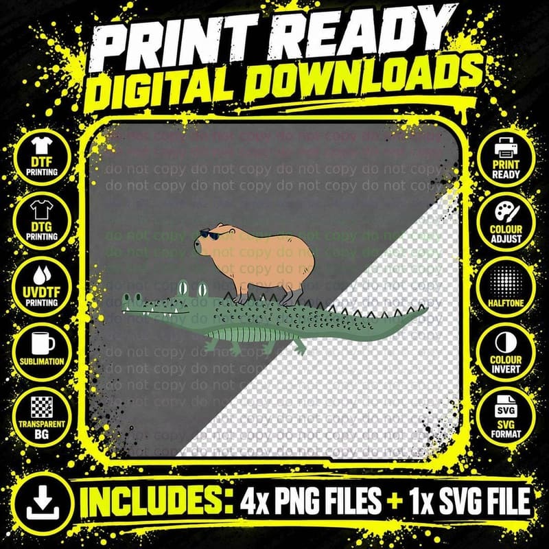 Funny Capybara Riding on a Crocodile T-Shirt Png SVG Digital Bundle