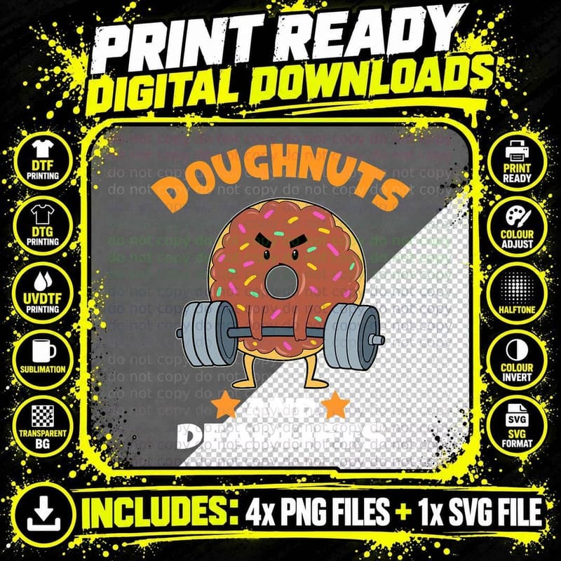 Funny Donuts and Deadlifts Workout Gift Diet Doughnut Png SVG Digital Bundle