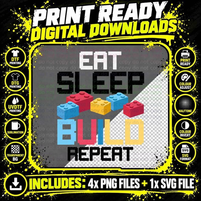 Funny Eat Sleep Build Gift Men Women Cool Blocks Png SVG Digital Bundle