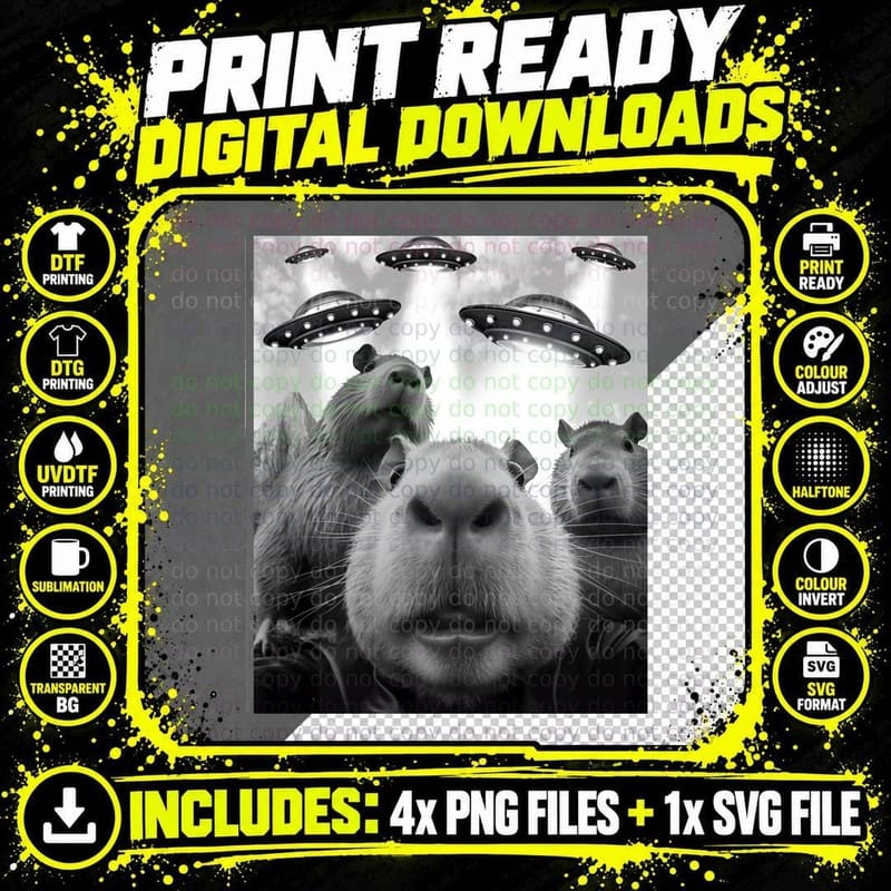 Funny Graphic Tee Capybara Selfie with Ufos Weird Png SVG Digital Bundle