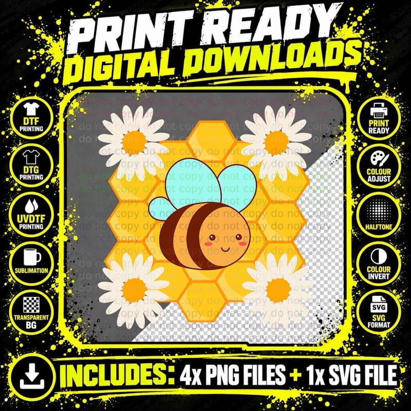 Funny Honey Bee Cartoon for Women Kids Bee Cute Flowers Png SVG Digital Bundle