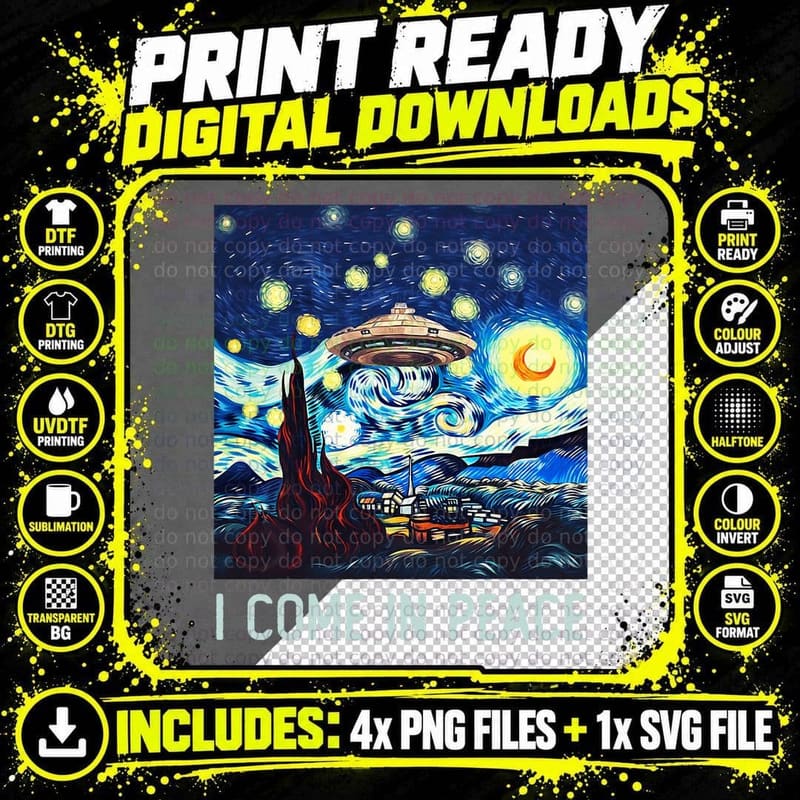 Funny I COME IN PEACE Starry Night Art UFO Alien Landing Png SVG Digital Bundle