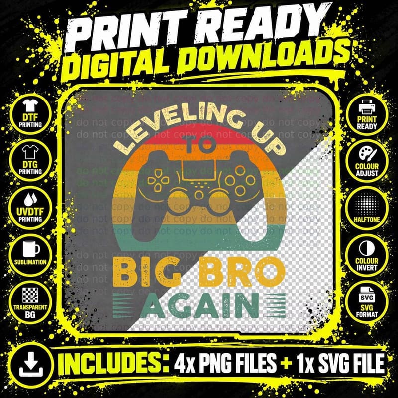 Funny Leveling up to Big Bro Again Vintage Big Brother Png SVG Digital Bundle