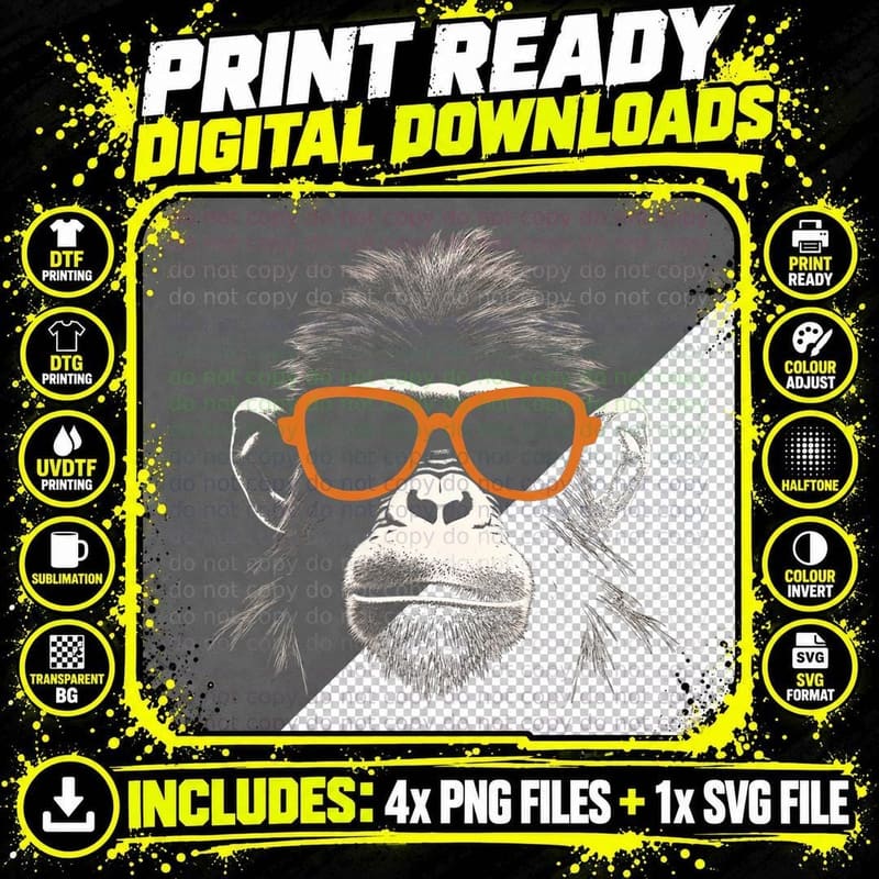 Funny Monkey with Sunglasses Cool Graffiti Urban Art Png SVG Digital Bundle
