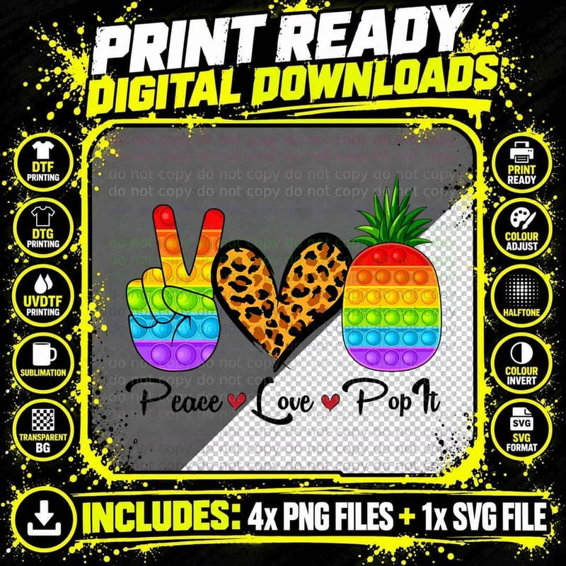 Funny Peace Love Pop It Pineapple Fidget Toy Boys Girls Png SVG Digital Bundle