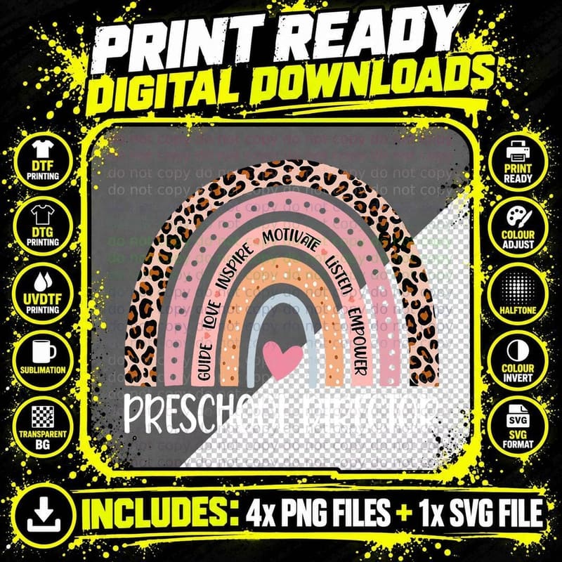 Funny Preschool Director Rainbow Leopard Print Principal Png SVG Digital Bundle